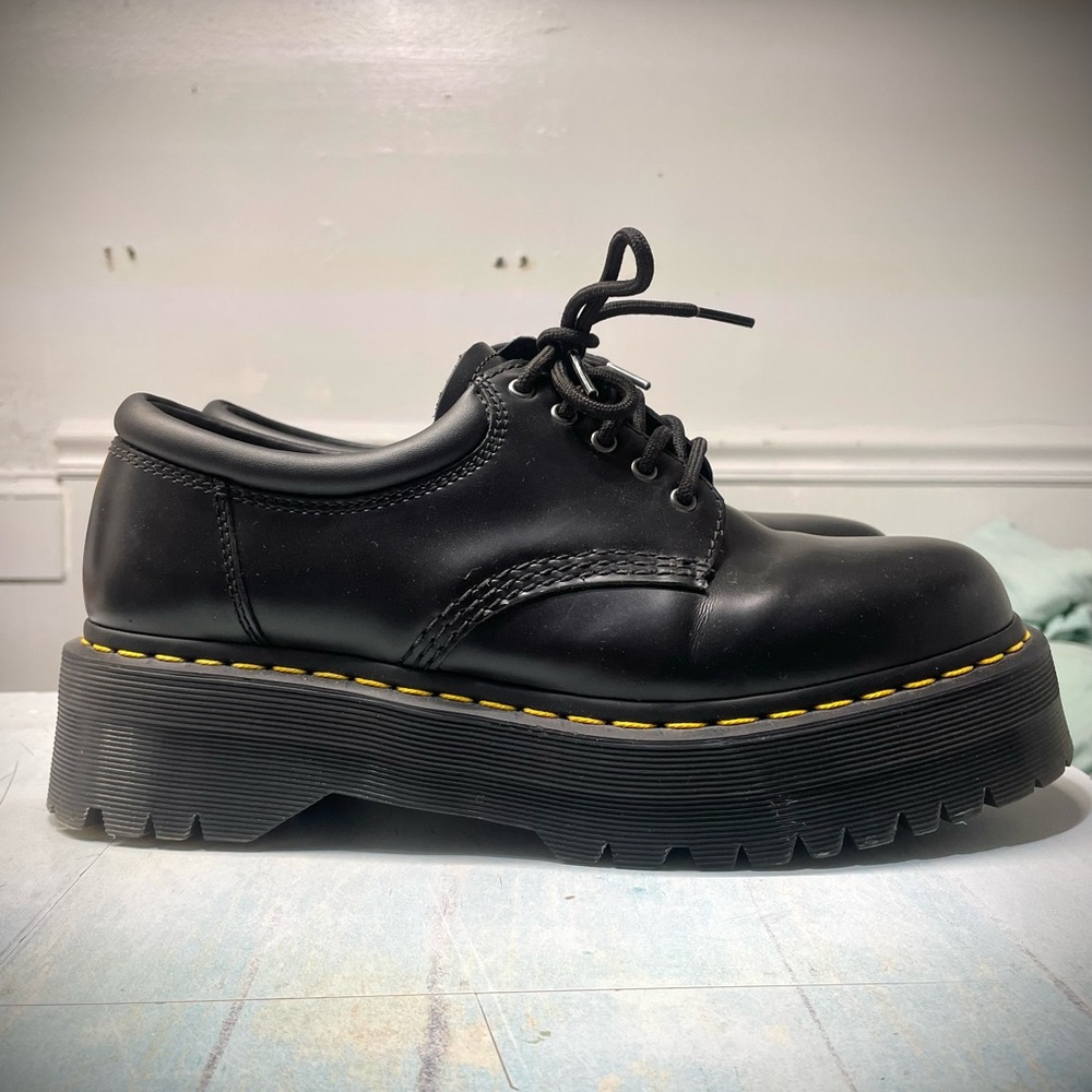 Dr. Martens Black Leather Shoe with Yellow Stitching Detail